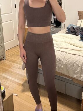 JoyLab Ribbed Seamless Crop Tank & Leggings Set - Brown